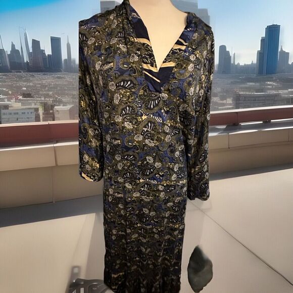 Paani Alex  SZ M BlueFloral Metallic Dot Maxi Wrap Front Ruffle Dress - Picture 1 of 9